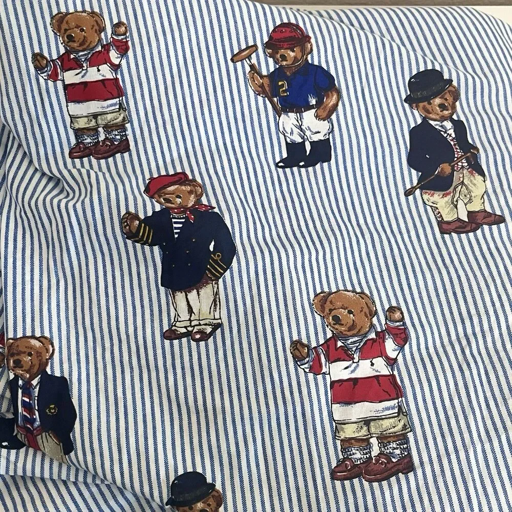 Ralph Lauren Full Fitted Sheet Polo Bears Blue Striped Cotton USA Made